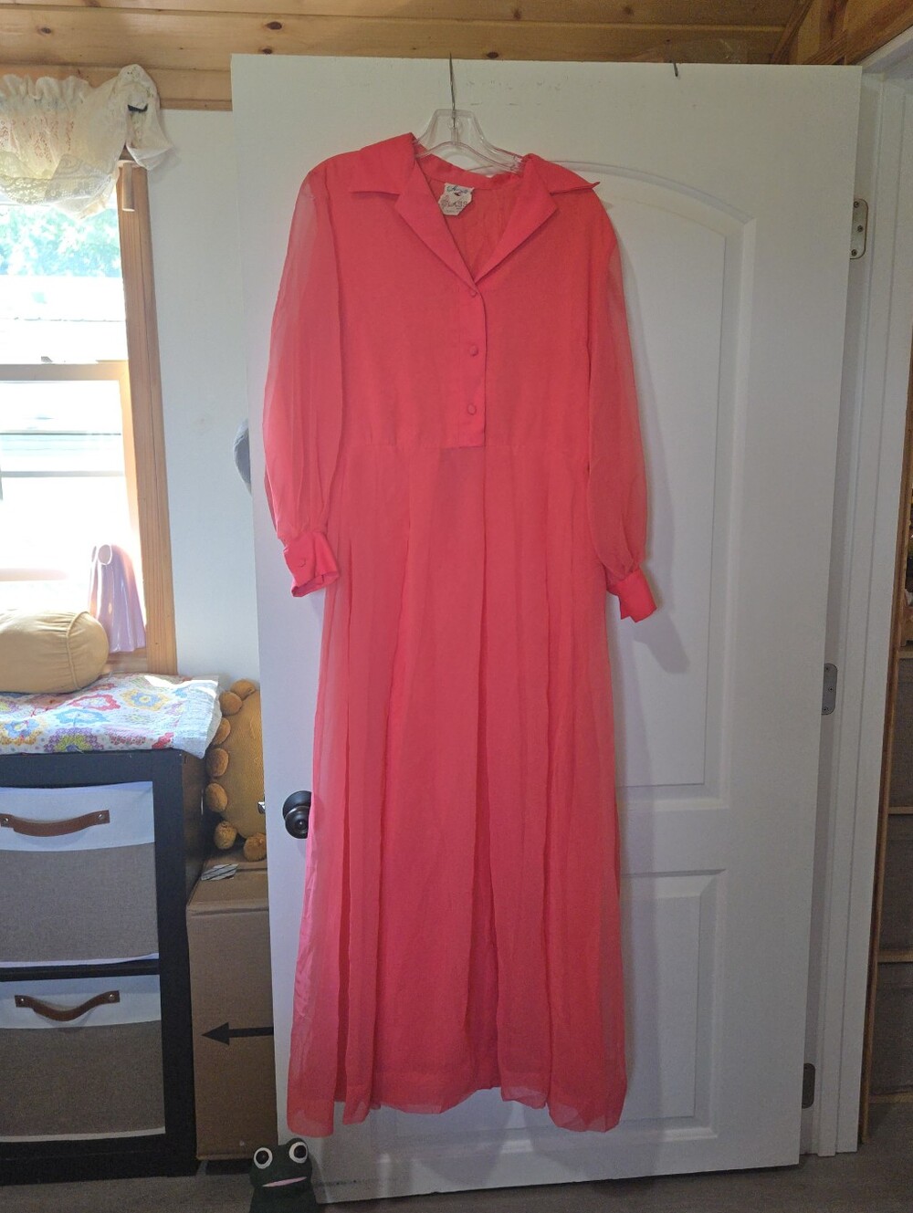 Vintage 1960s Coral Pink Chiffon Sheer Sleeve Dress, Avalon Union Made, SIZE 18